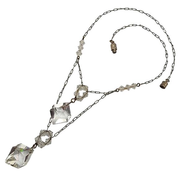 1920s Art Deco Crystal Lavalier Necklace Y Drop Leaded Glass Crinkle Link Chain - Picture 3 of 8